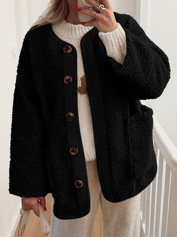 Contrast Button Up Sherpa Jacket with Pockets Black