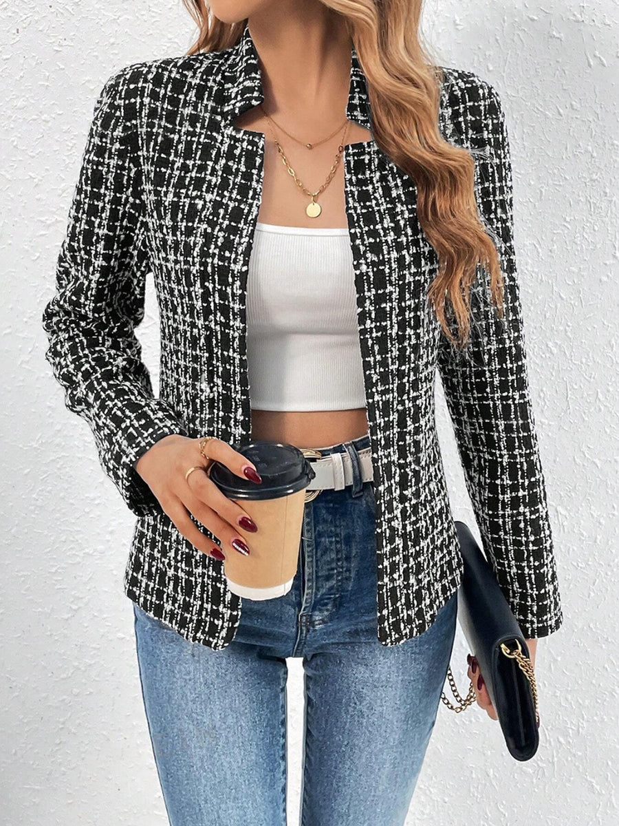 Plaid Open Front Long Sleeve Jacket Black
