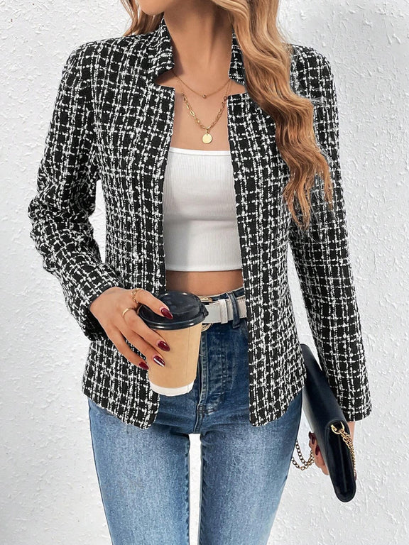 Plaid Open Front Long Sleeve Jacket Black