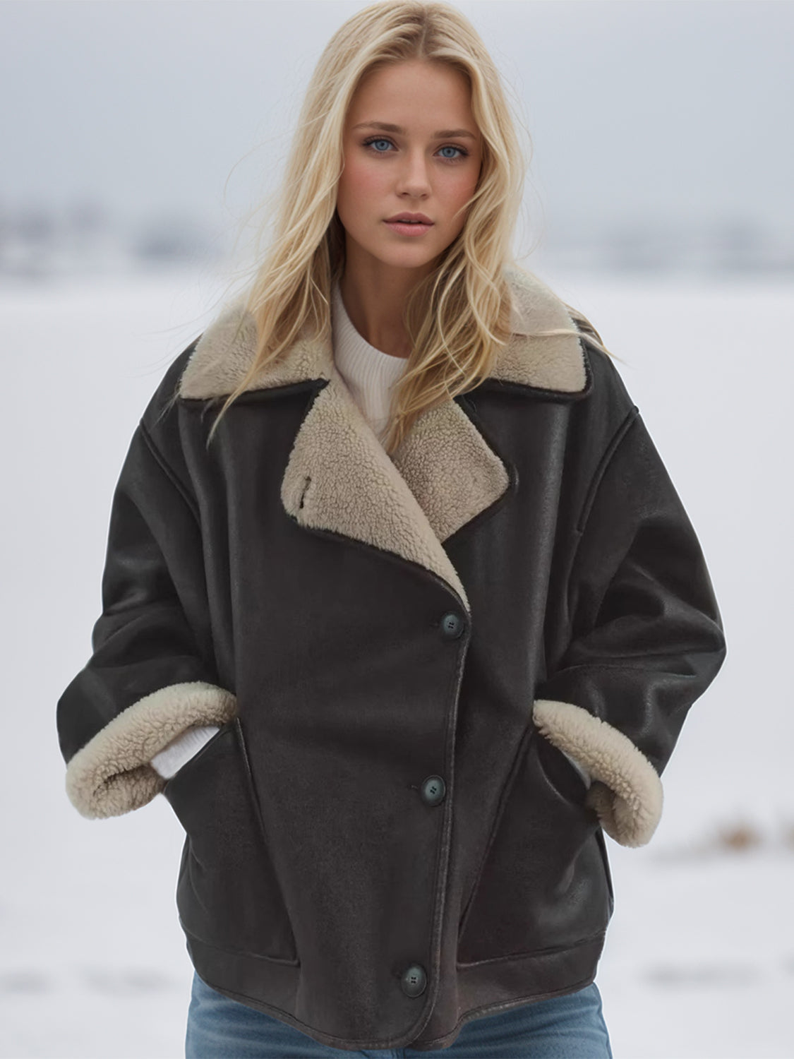Collared Neck Long Sleeve Plush Jacket Chocolate
