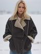 Collared Neck Long Sleeve Plush Jacket Chocolate
