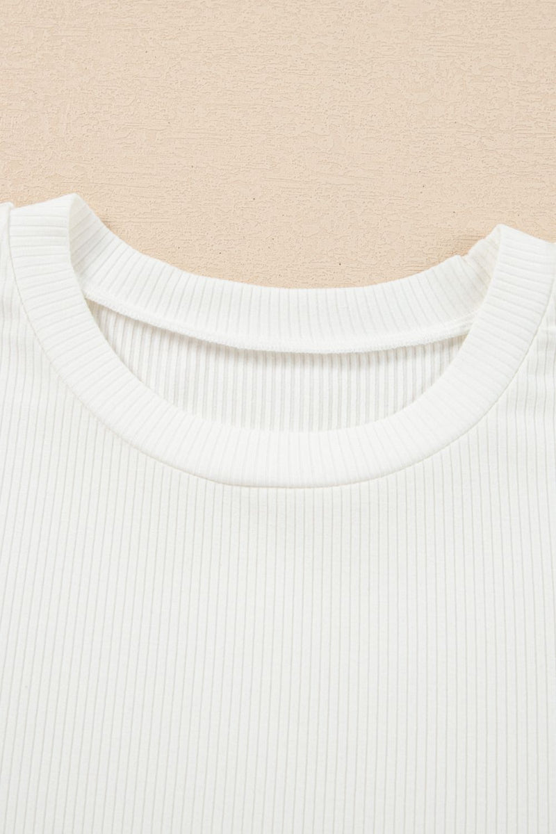Eyelet Short Sleeve Patchwork Ribbed Top