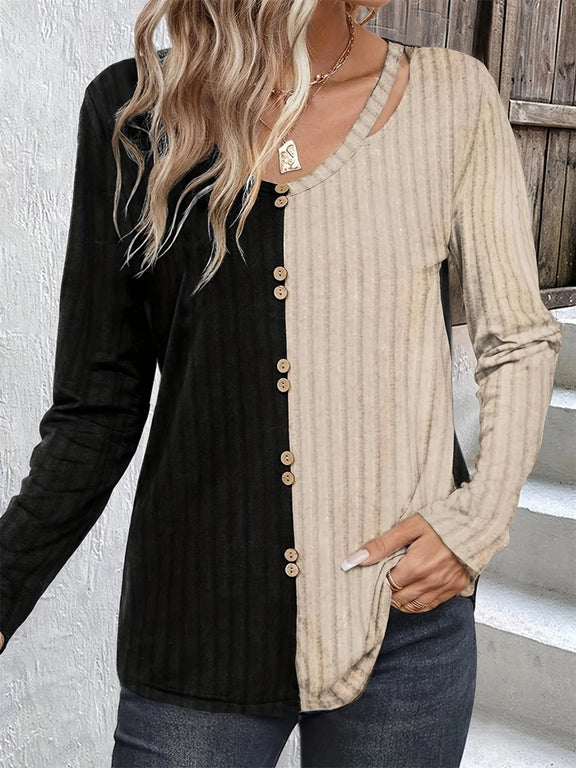 Decorative Button Contrast Round Neck Long Sleeve T-Shirt Black
