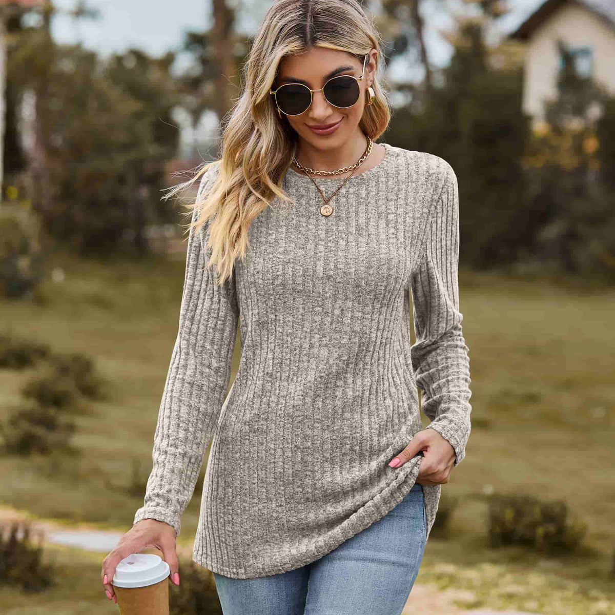 Ribbed Round Neck Long Sleeve Tee Tan