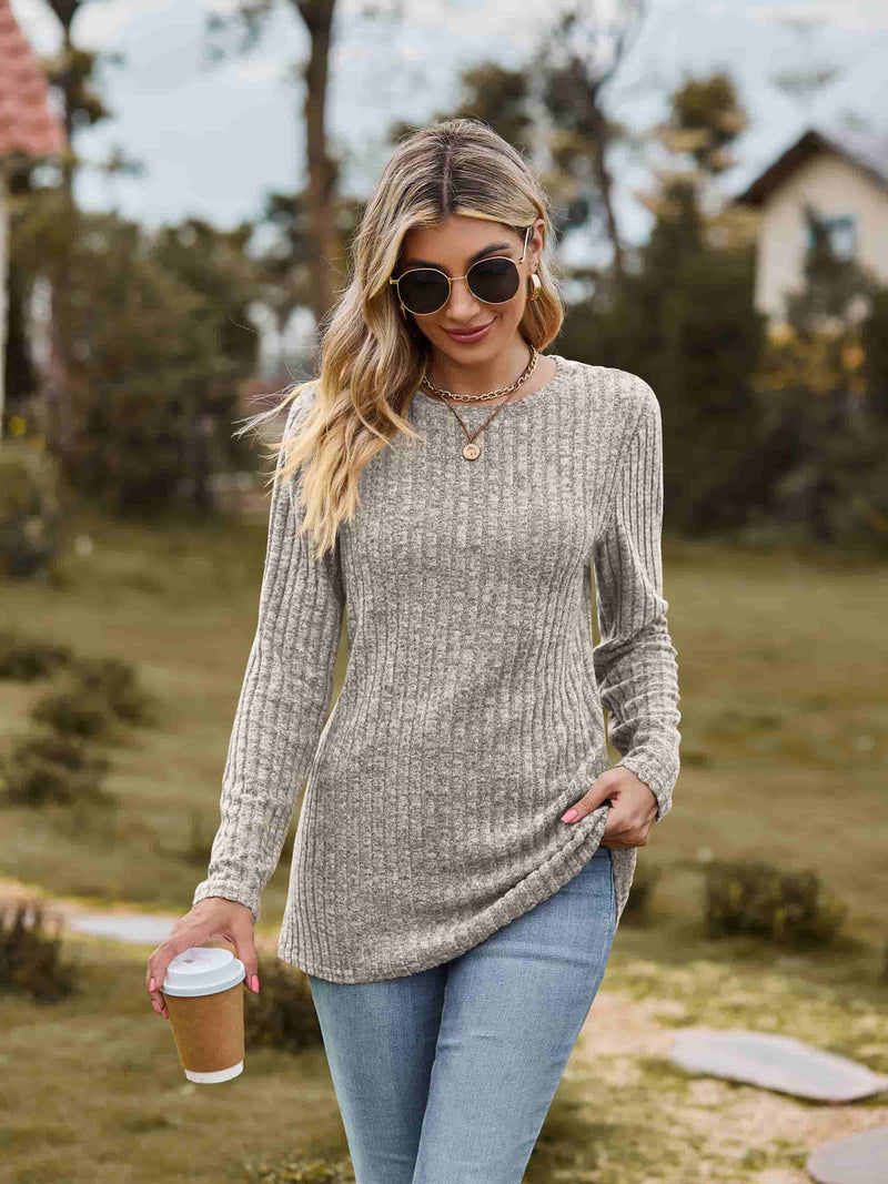 Ribbed Round Neck Long Sleeve Tee Tan