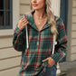 Drawstring Plaid Hooded Long Sleeve Top