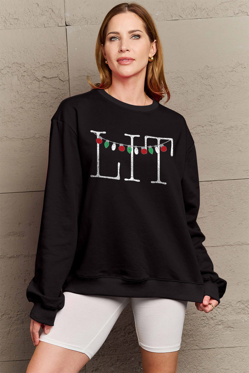 Simply Love Full Size LIT Long Sleeve Sweatshirt Black