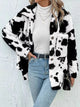 Cow Print Collared Neck Button Up Fuzzy Jacket White