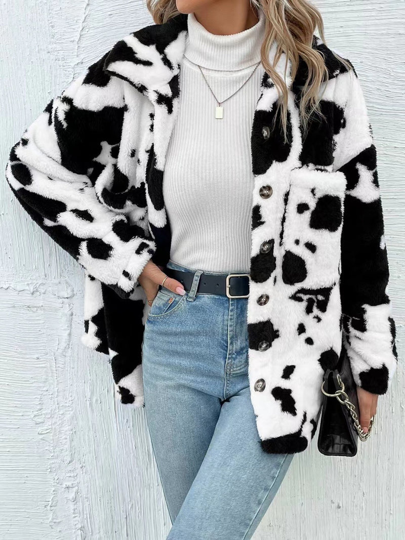 Cow Print Collared Neck Button Up Fuzzy Jacket White
