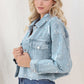 Distressed Pearl Trim Button Up Denim Jacket