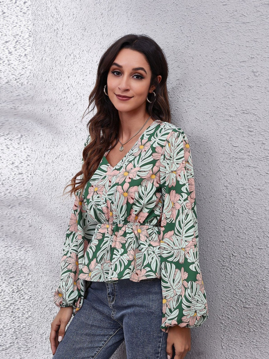 Ruched Printed V-Neck Long Sleeve Blouse Floral