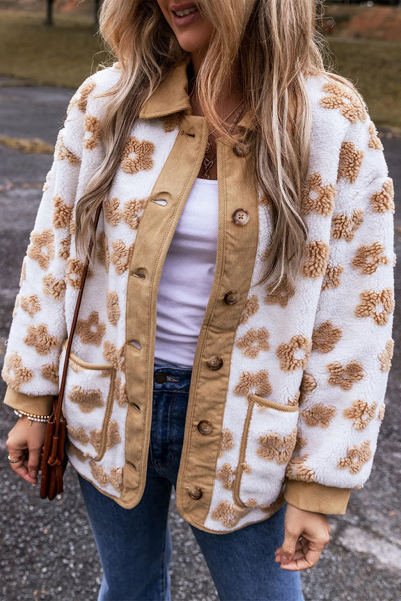 Flower Button Up Long Sleeve Jacket White