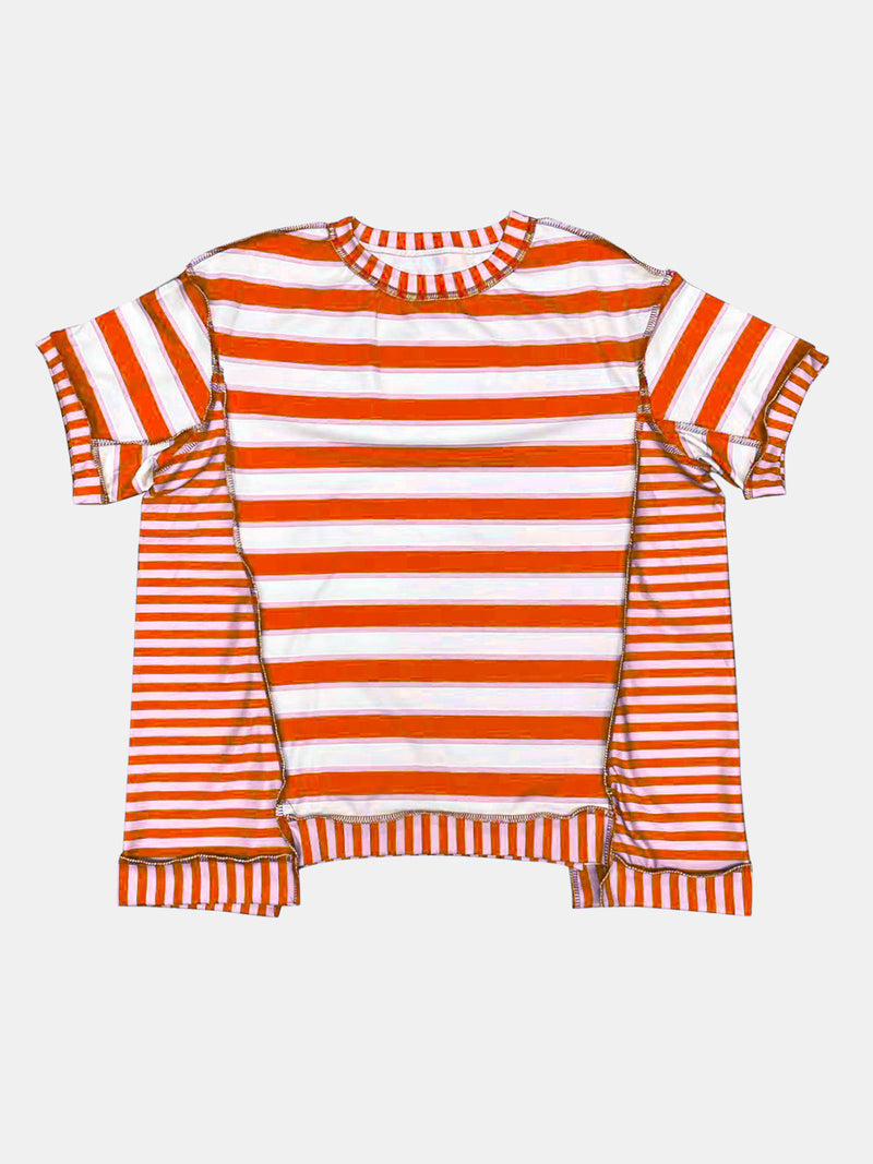 Full Size Contrast Stitching Striped Round Neck T-Shirt