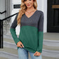 V-Neck Long Sleeve Two-Tone T-Shirt