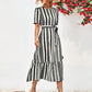 Striped Tie Belt Round Neck Puff Sleeve Dress