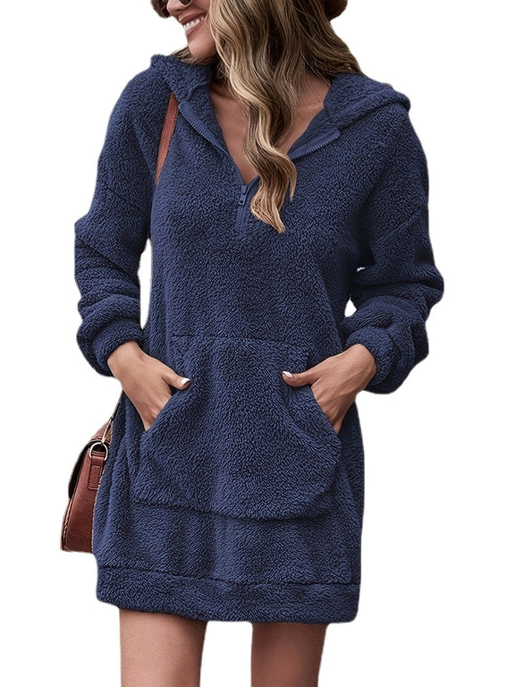 Half Zip Dropped Shoulder Oversized Hoodie Dark Blue