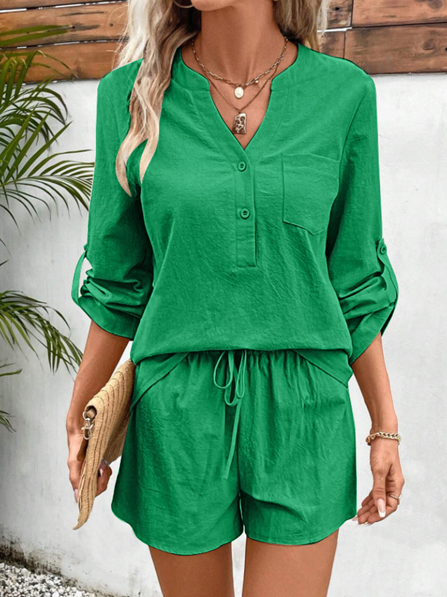 Notched Long Sleeve Top and Shorts Set Green