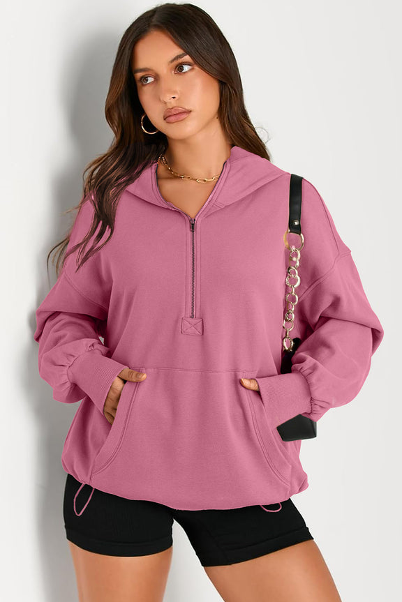 Pocketed Half Zip Long Sleeve Hoodie Dusty Pink