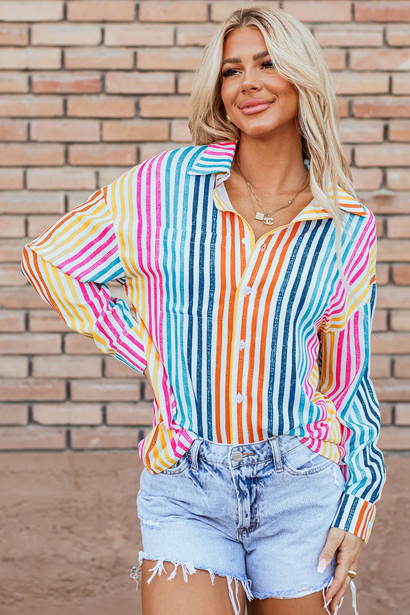 Striped Collared Neck Long Sleeve Shirt