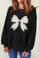 Contrast Bow Round Neck Long Sleeve Sweatshirt Black