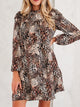 Leopard Ruffled Detail Long Sleeve Loose Mini Dress Brown