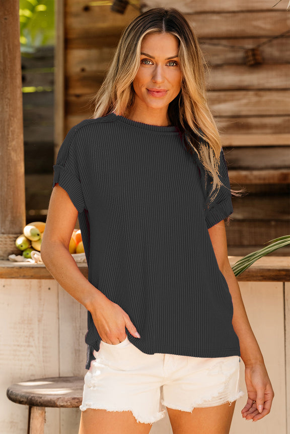 Exposed Seam Round Neck Short Sleeve T-Shirt Black