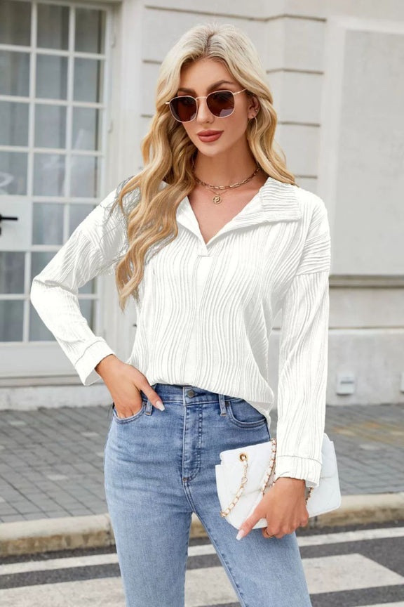 Texture Collared Neck Long Sleeve Blouse White