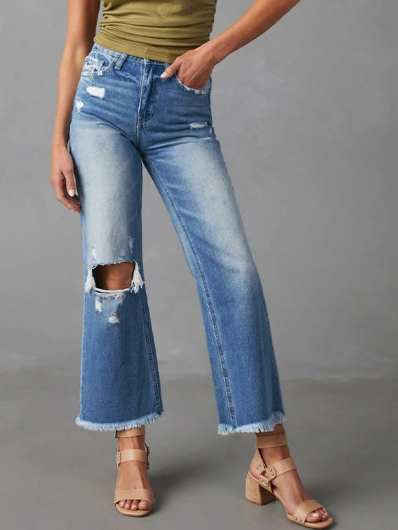 Distressed Raw Hem Jeans with Pockets