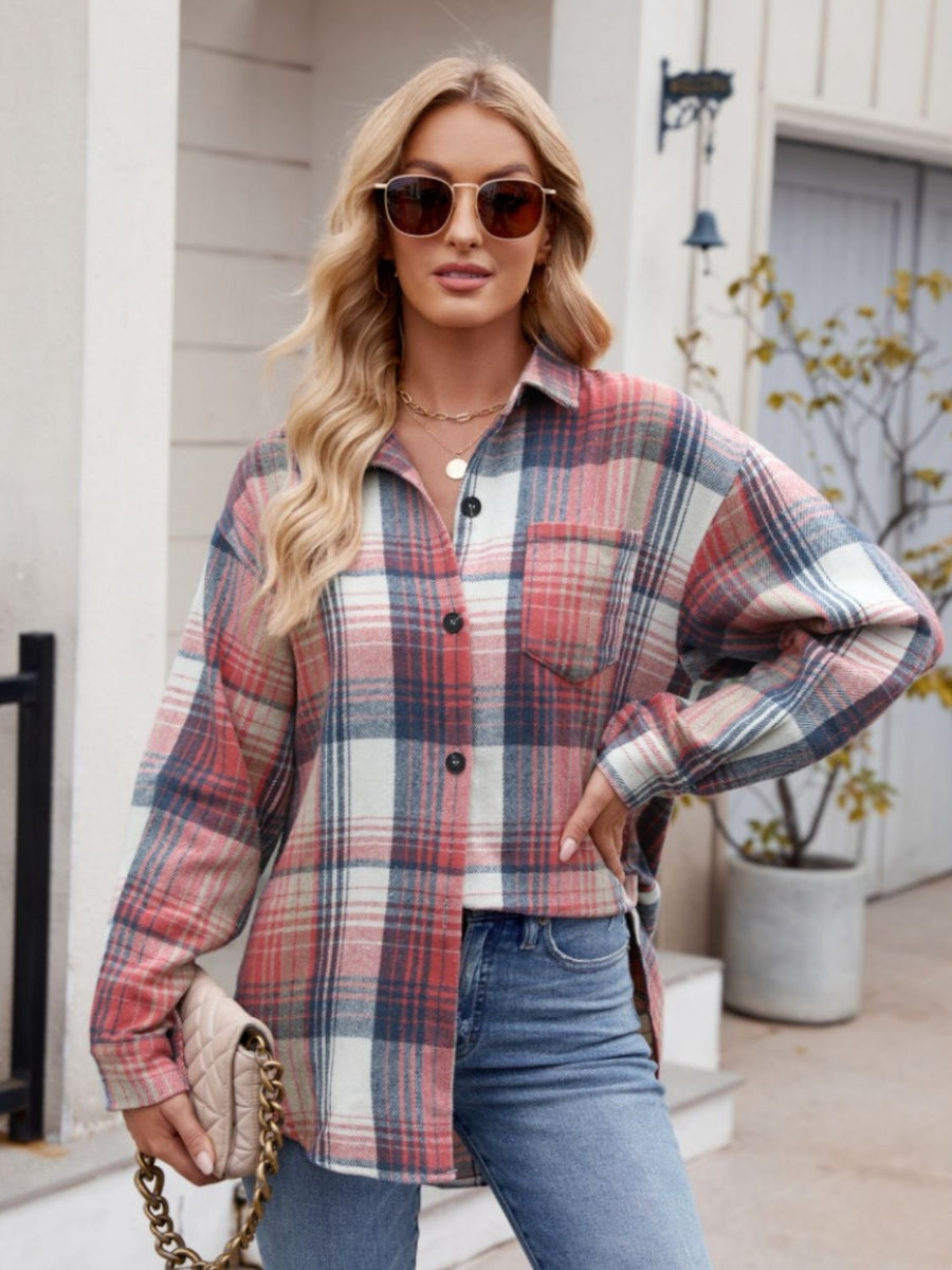 Mandy Pocketed Plaid Collared Neck Long Sleeve Shirt Orange-Red