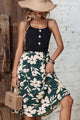 Two-Tone Decorative Button Frilled Dress Forest