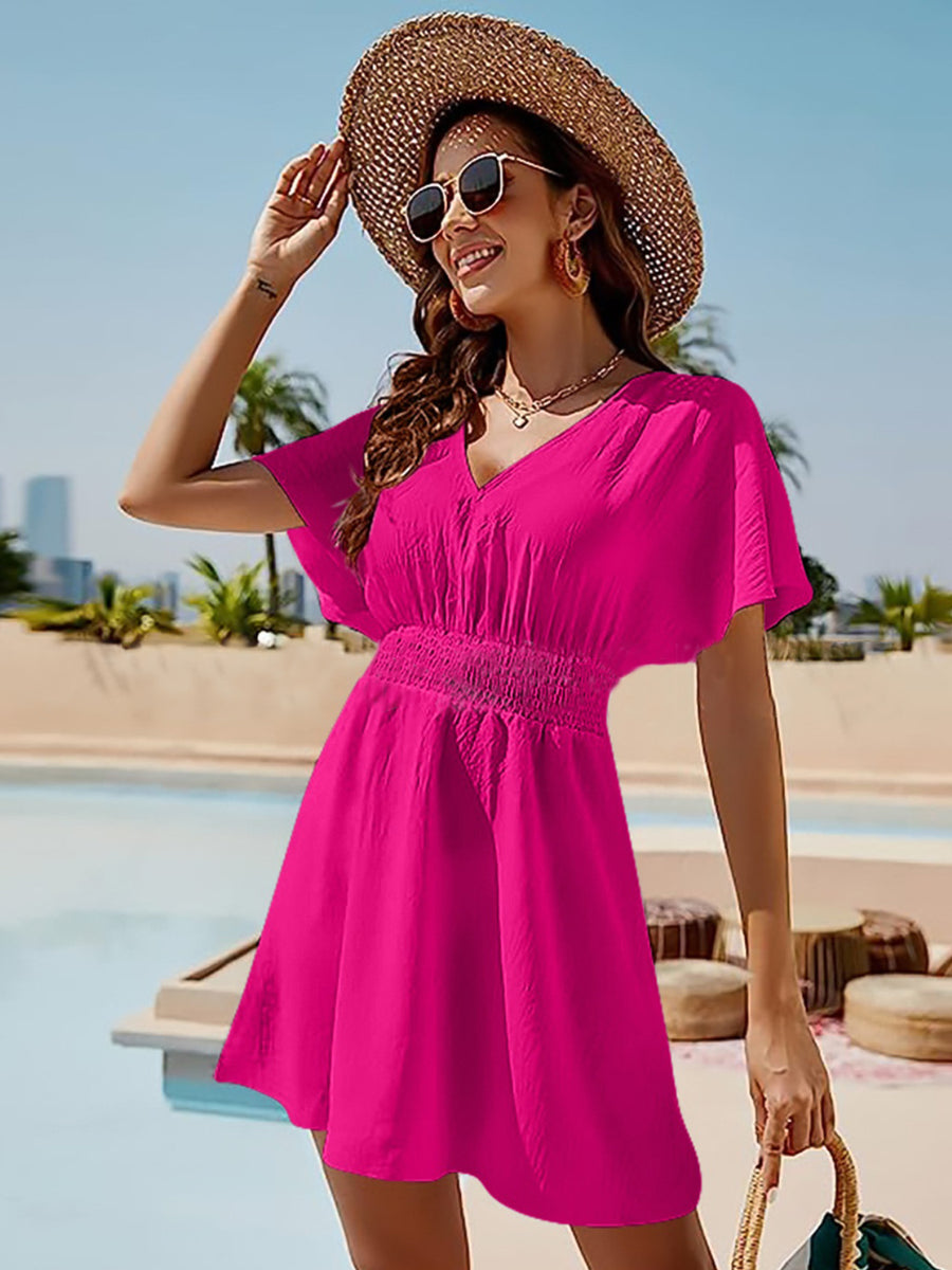 Smocked V-Neck Short Sleeve Dress Hot Pink