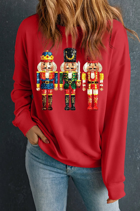 Nutcracker Printed Round Neck Long Sleeve Sweatshirt Deep Red