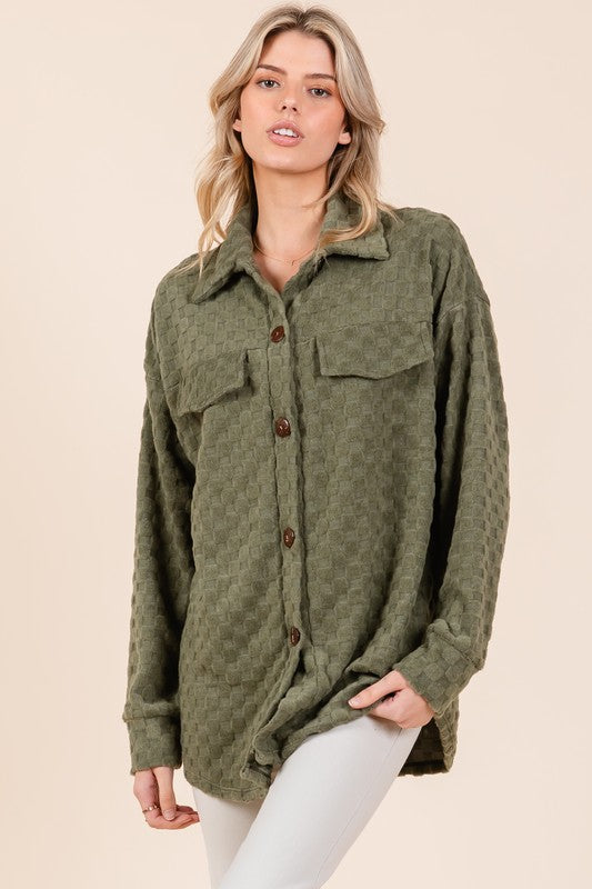 BOMBOM Checkered Button Down Dropped Shoulder Shacket Moss