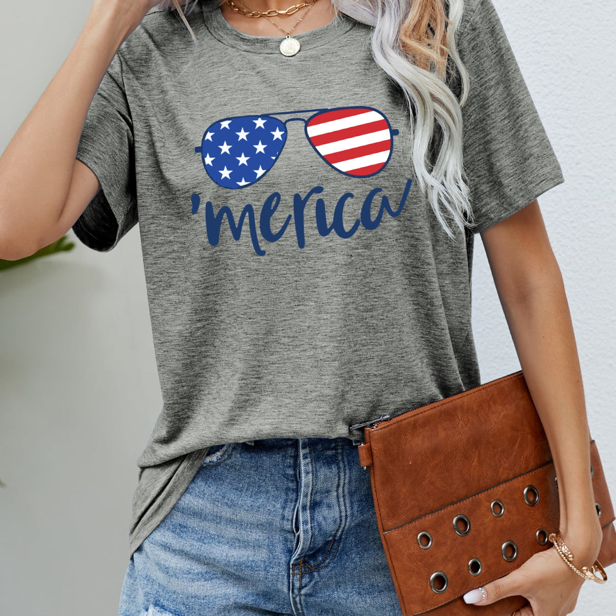 US Flag Glasses Graphic Tee Mid Gray