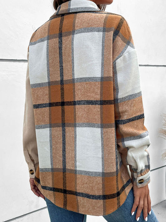 Perfee Contrast Plaid Print Dropped Shoulder Shirt