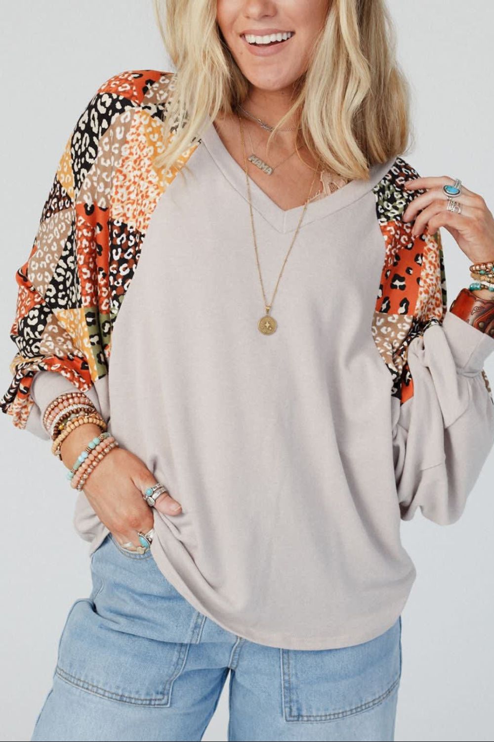 Leopard Contrast V-Neck Long Sleeve Blouse Light Gray