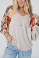 Leopard Contrast V-Neck Long Sleeve Blouse Light Gray