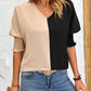 Contrast V-Neck Lantern Sleeve Blouse