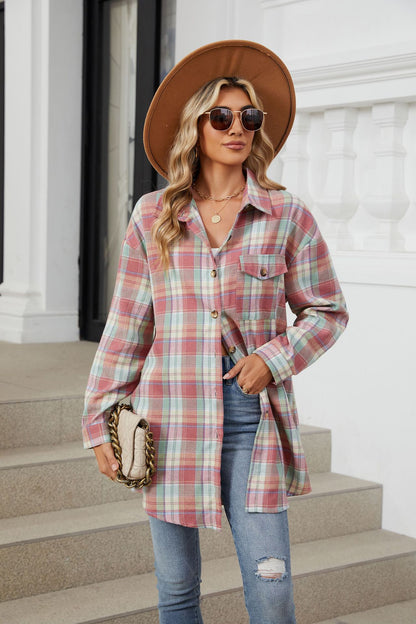 Plaid Collared Neck Long Sleeve Shirt Dusty Pink