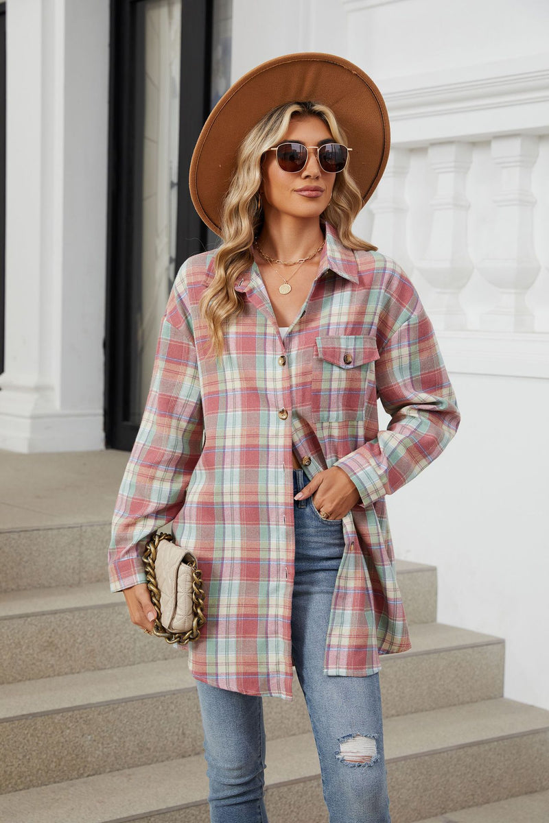 Plaid Collared Neck Long Sleeve Shirt Dusty Pink