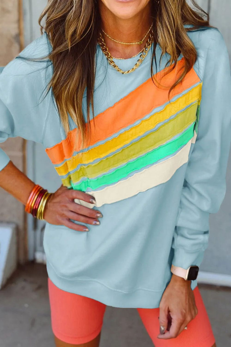 Contrast Round Neck Long Sleeve Sweatshirt Light Blue