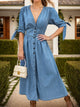 Plunge Button Up Half Sleeve Denim Dress Medium