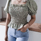 Frill Smocked Square Neck Short Sleeve Blouse