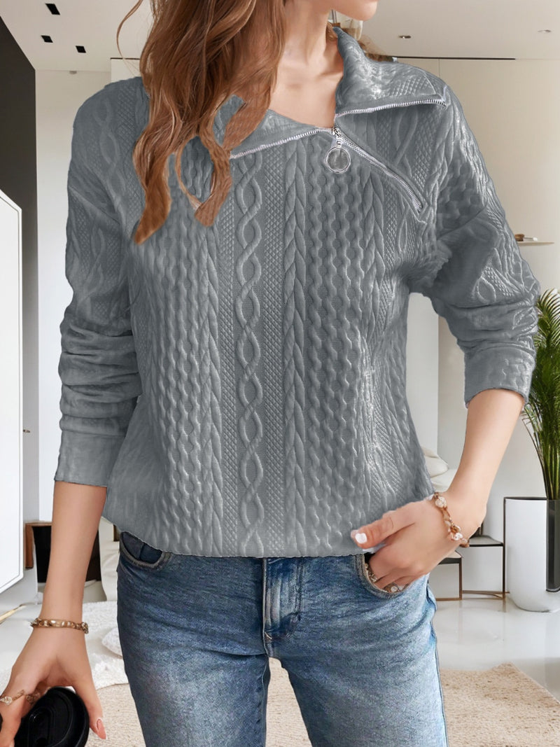 Oblique Zipper Collared Neck Long Sleeve Sweatshirt Dark Gray