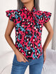 Leopard Tie Neck Cap Sleeve Blouse Hot Pink