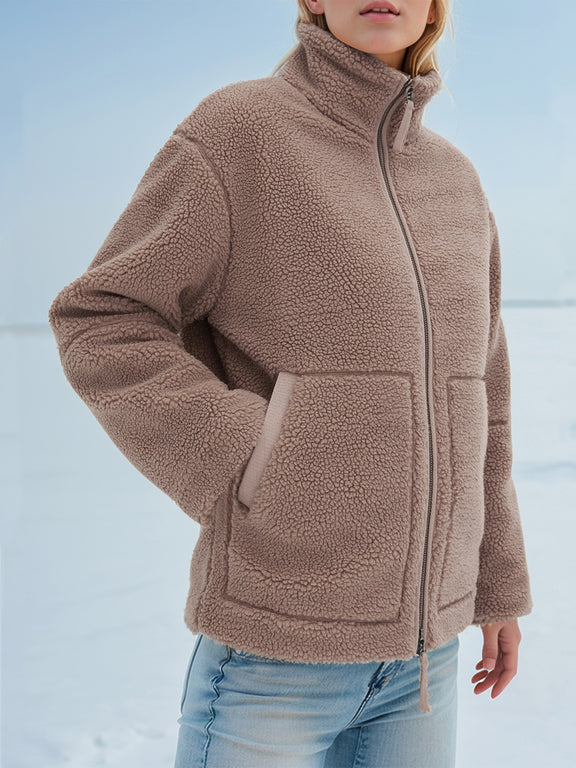Turtleneck Zip Up Long Sleeve Plush Jacket Mocha