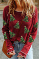 Christmas Tree Sequin Waffle Knit Long Sleeve Sweatshirt Burgundy