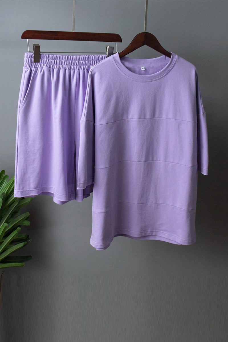 Round Neck Long Sleeve Top and Shorts Set Lavender
