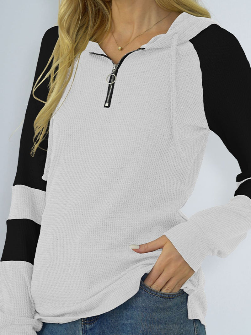 Shiny Waffle-Knit Raglan Sleeve Zipper Front Hoody