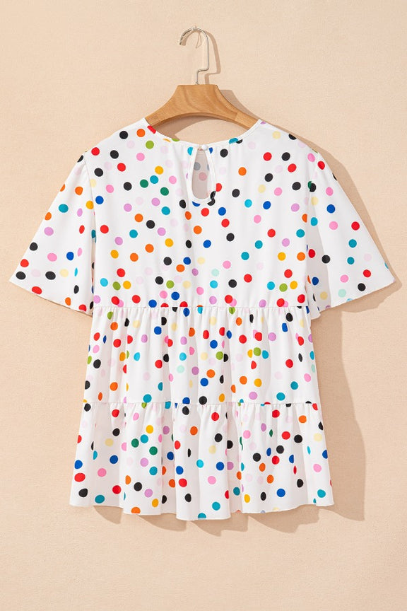 Polka Dot Short Sleeve Tiered Ruffled Babydoll Blouse